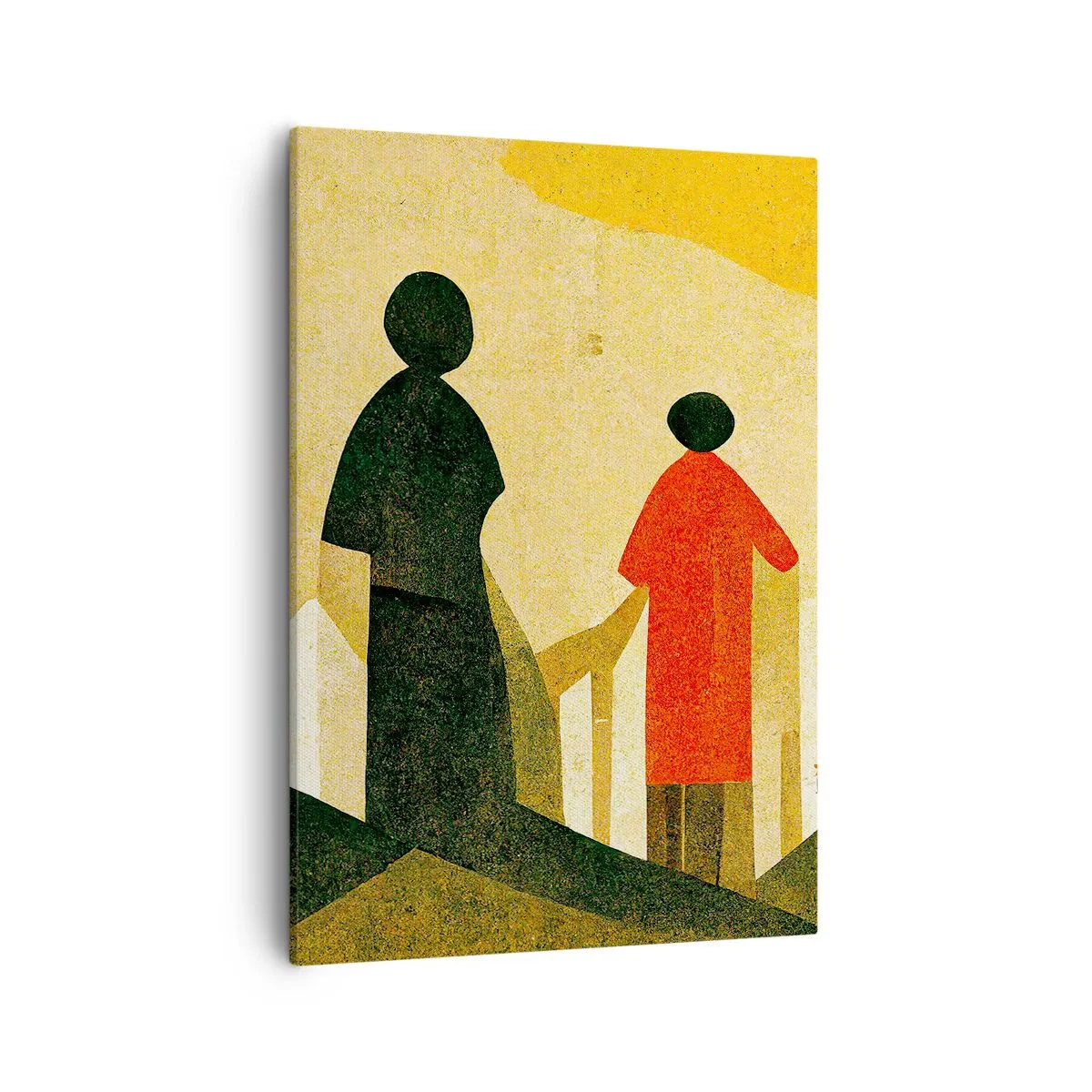 Cuadro sobre lienzo - Impresión de Imagen - Siluetas geométricas en rojo y verde sobre un fondo amarillo. - 50x70cm - Todavía lejos del destino - Decoración de pared moderna para salón y dormitorio ARTTOR