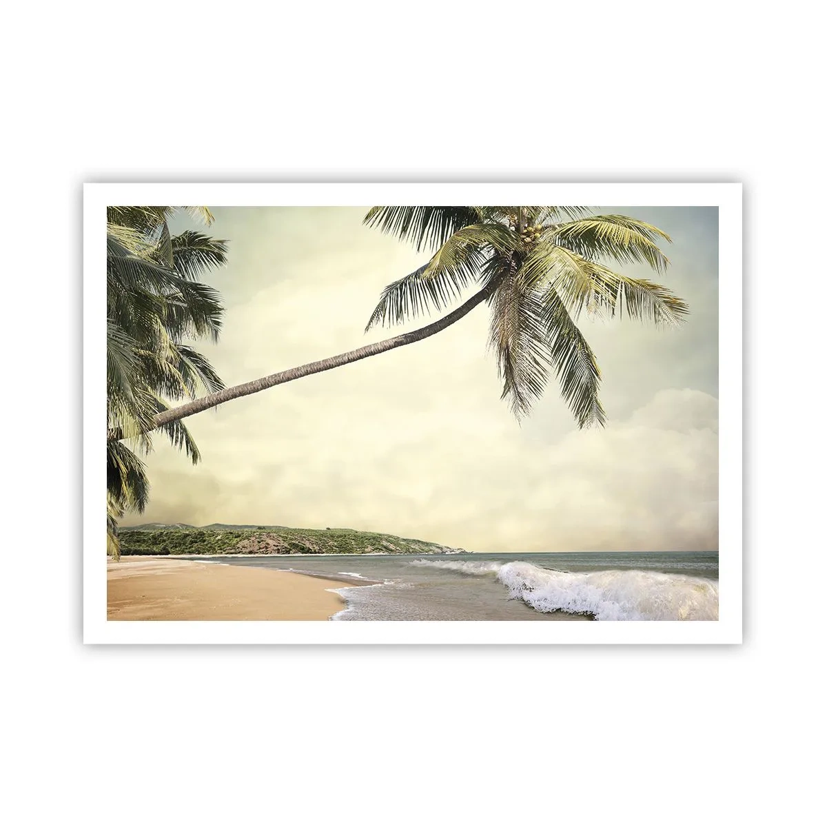 Póster - Una playa con palmeras con el mar en calma como telón de fondo. - 100x70cm - Sueño tropical - Decoración de pared moderna para salón y dormitorio ARTTOR