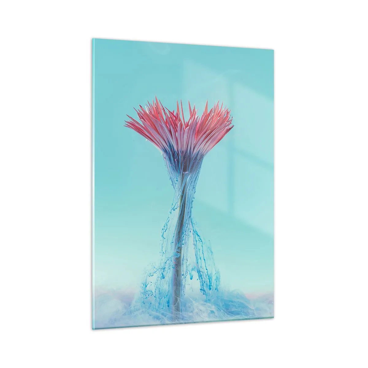 Cuadro sobre vidrio - Impresiones sobre Vidrio - Una flor fantasiosa inmersa en una neblina azul y rosa. - 50x70cm - En un abrazo vigorizante - Decoración de pared moderna para salón y dormitorio ARTTOR