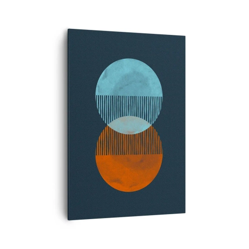 Cuadro sobre lienzo - Impresión de Imagen - Dos círculos naranjas y azules sobre un fondo oscuro. - 70x100cm - Fantasía astronómica - Decoración de pared moderna para salón y dormitorio ARTTOR