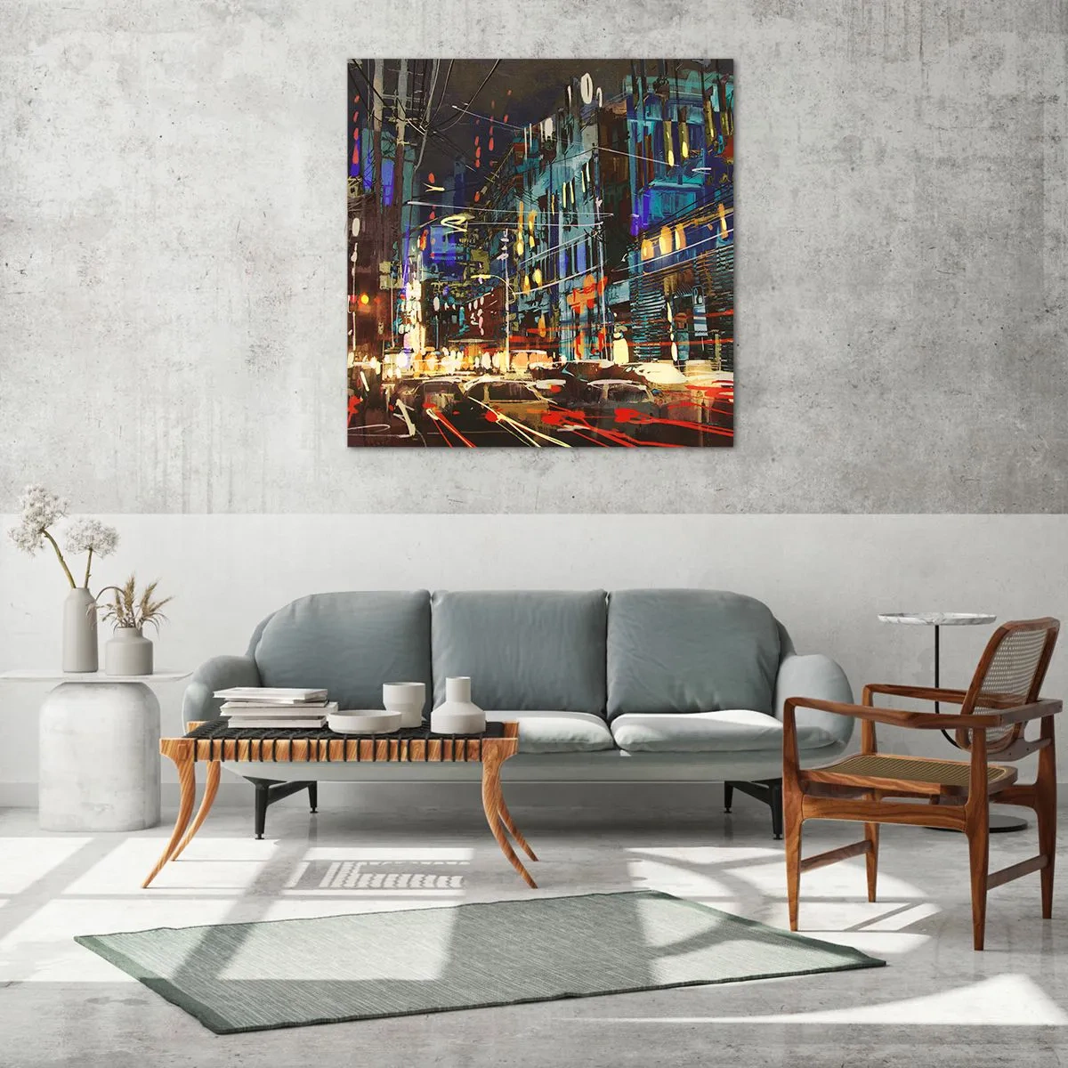 Cuadro sobre vidrio - Impresiones sobre Vidrio - El bullicio nocturno de la calle - 60x60 cm