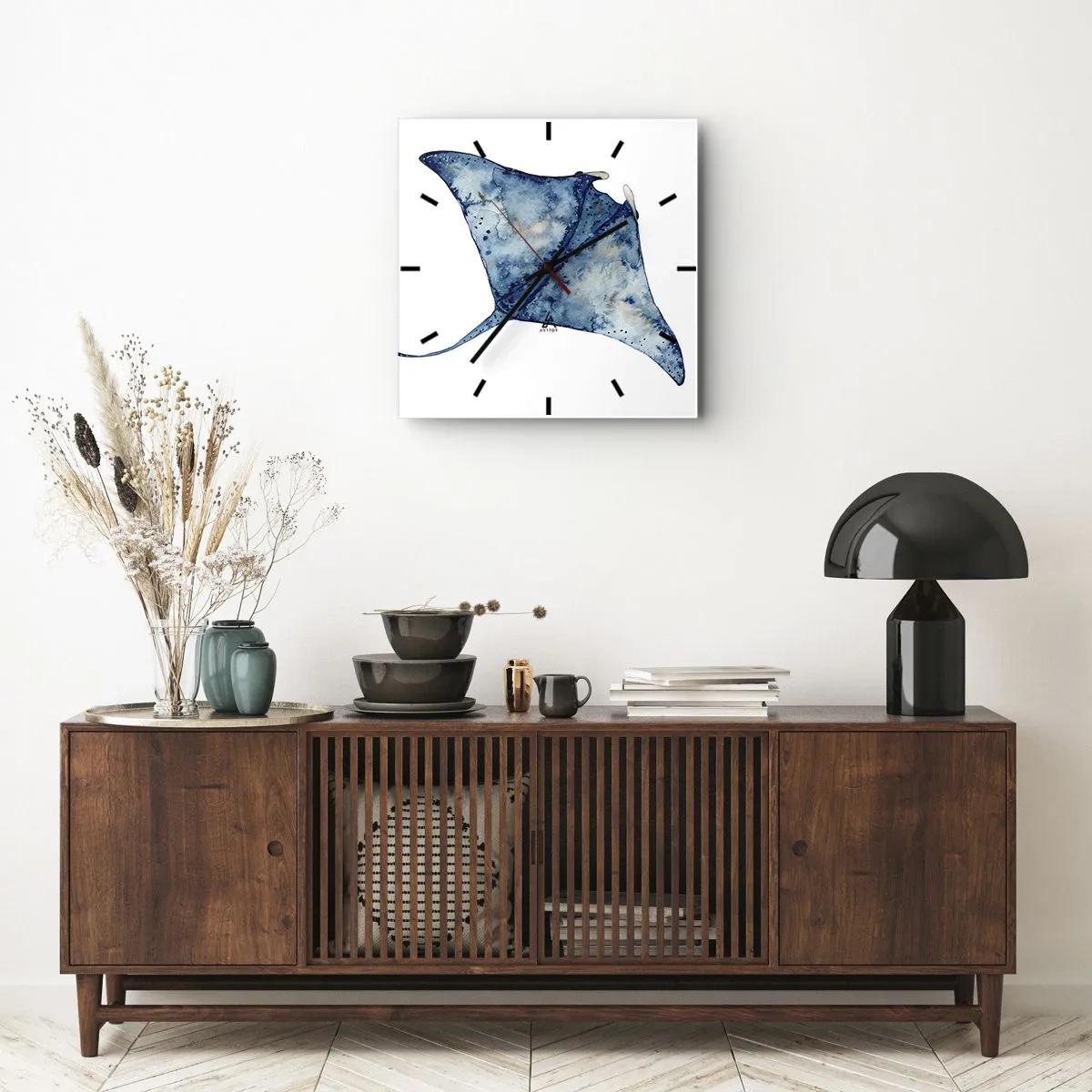Reloj de pared - Reloj de vidrio - Raya azul en estilo acuarela sobre fondo blanco - 30x30cm - La vida en azul - Decoración de pared moderna para salón y dormitorio ARTTOR