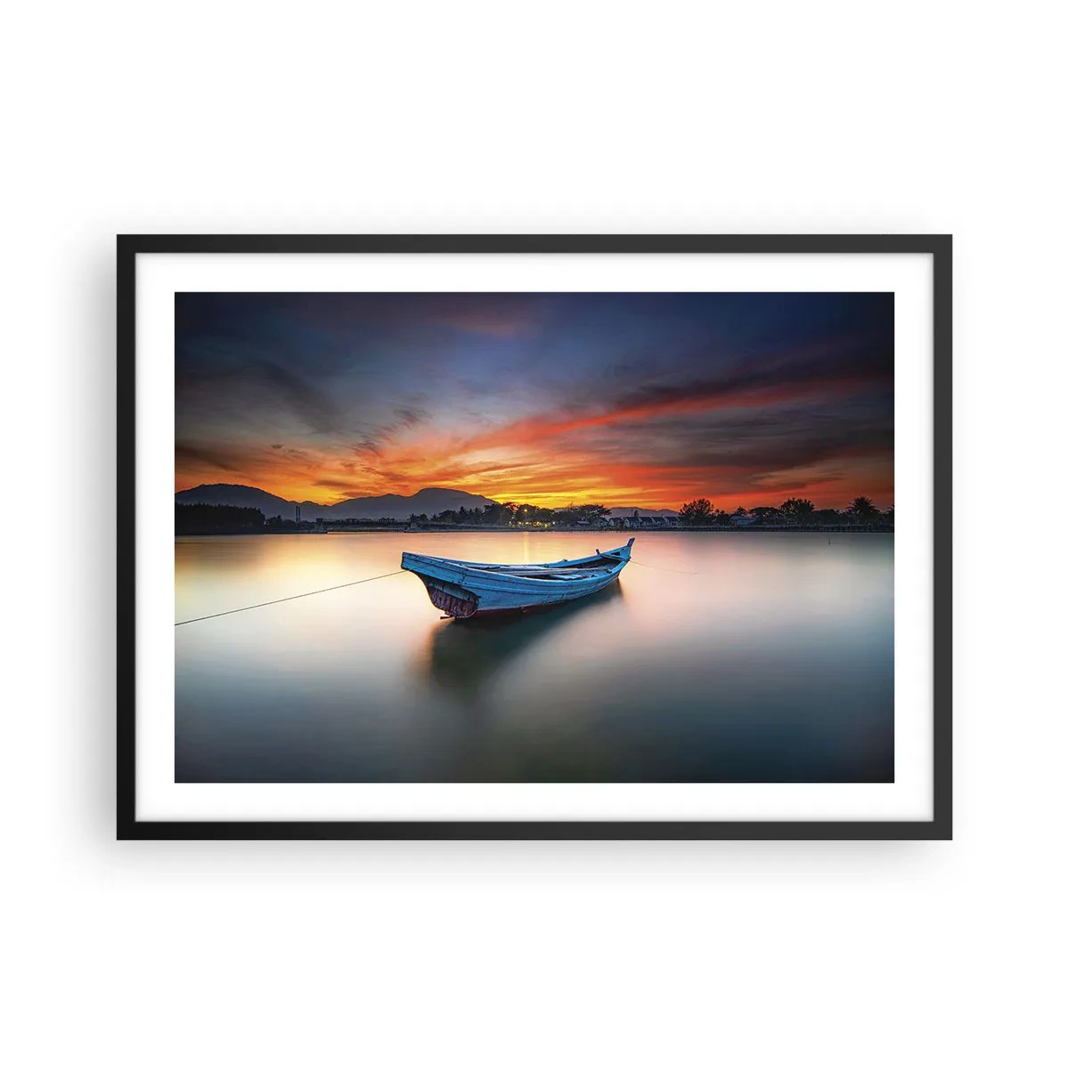 Póster en marco negro - Un barco en el agua durante una pintoresca puesta de sol. - 70x50cm - Se avecina una buena noche - Decoración de pared moderna para salón y dormitorio ARTTOR