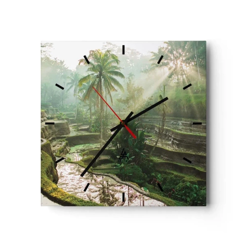 Reloj de pared - Reloj de vidrio - Terrazas de arroz con palmeras bajo los rayos del sol - 30x30cm - Crecer bajo el sol - Decoración de pared moderna para salón y dormitorio ARTTOR