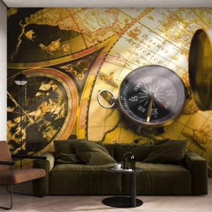 Fotomural Premium Sand - Brújula antigua sobre un mapa del mundo dorado - 100x70cm - ¿Hasta el fin del mundo? - Decoración de pared moderna para salón y dormitorio ARTTOR