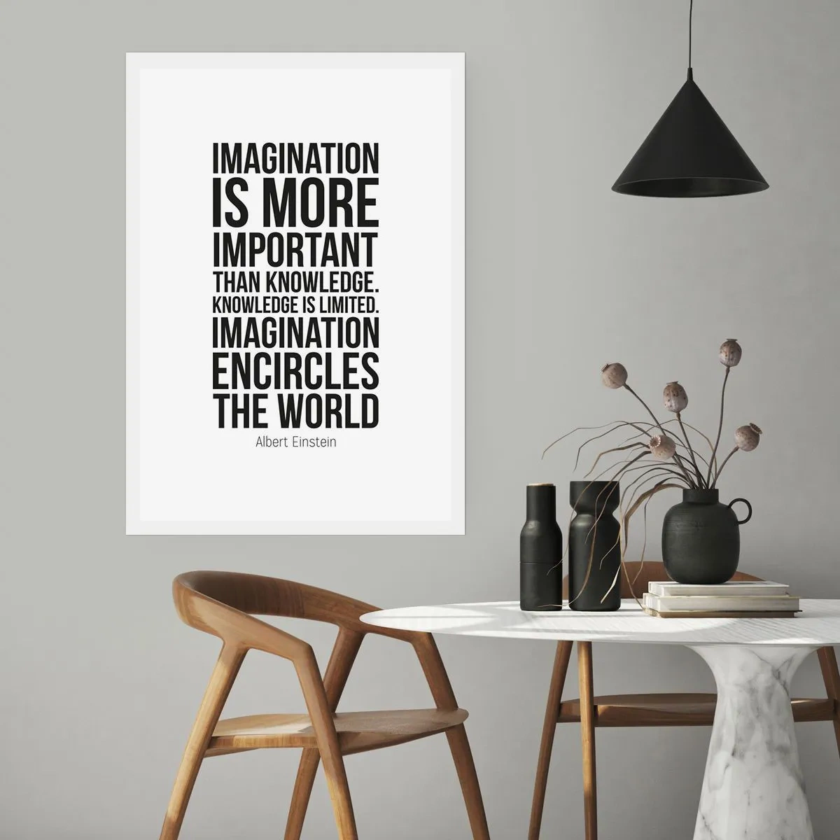 Póster - Una cita sobre la imaginación sobre un fondo blanco. - 50x70cm - Einstein, sobre el poder de la imaginación - Decoración de pared moderna para salón y dormitorio ARTTOR
