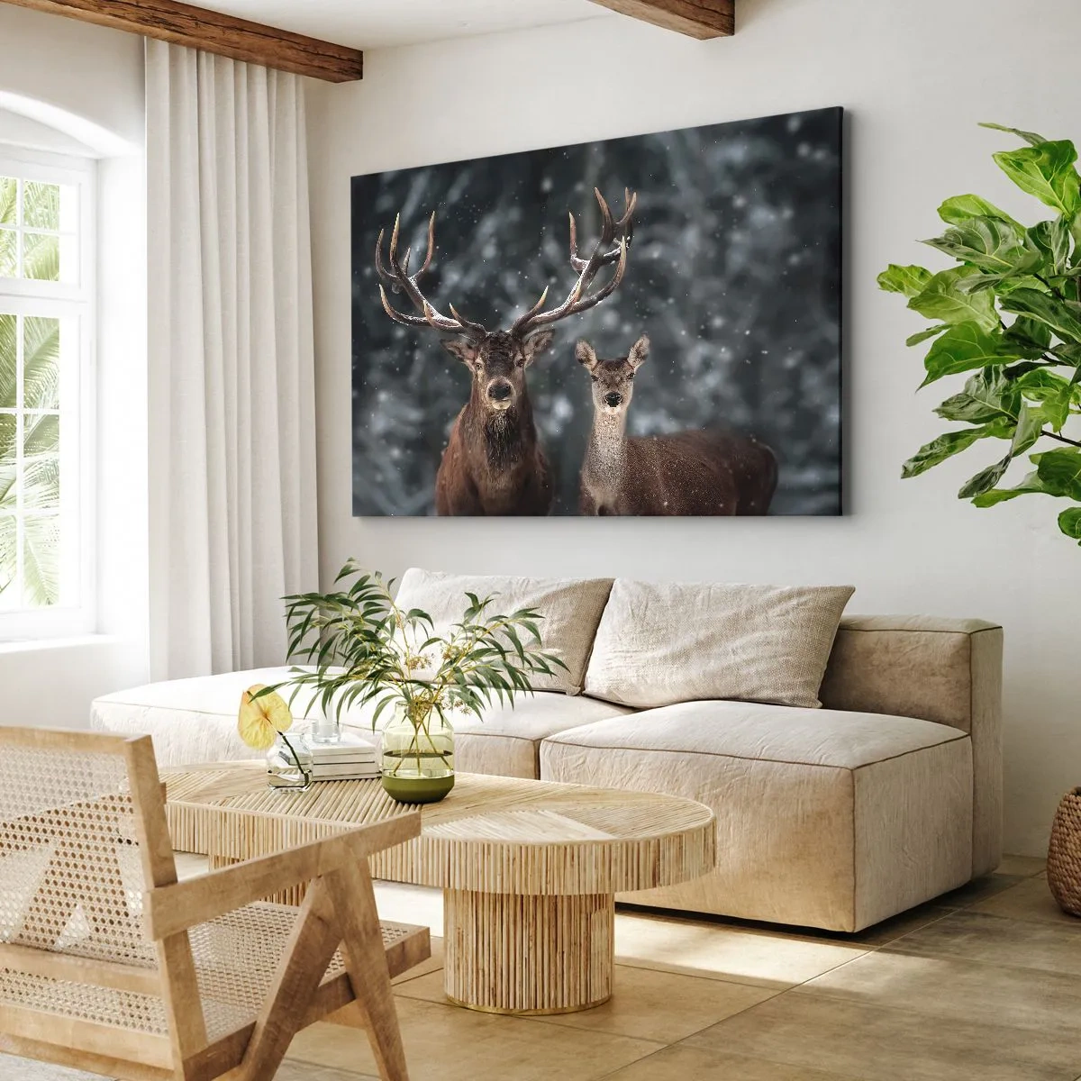 Cuadro sobre lienzo - Impresión de Imagen - Ciervos en un bosque invernal cubierto de nieve - 70x50cm - El señor y la señora del bosque - Decoración de pared moderna para salón y dormitorio ARTTOR