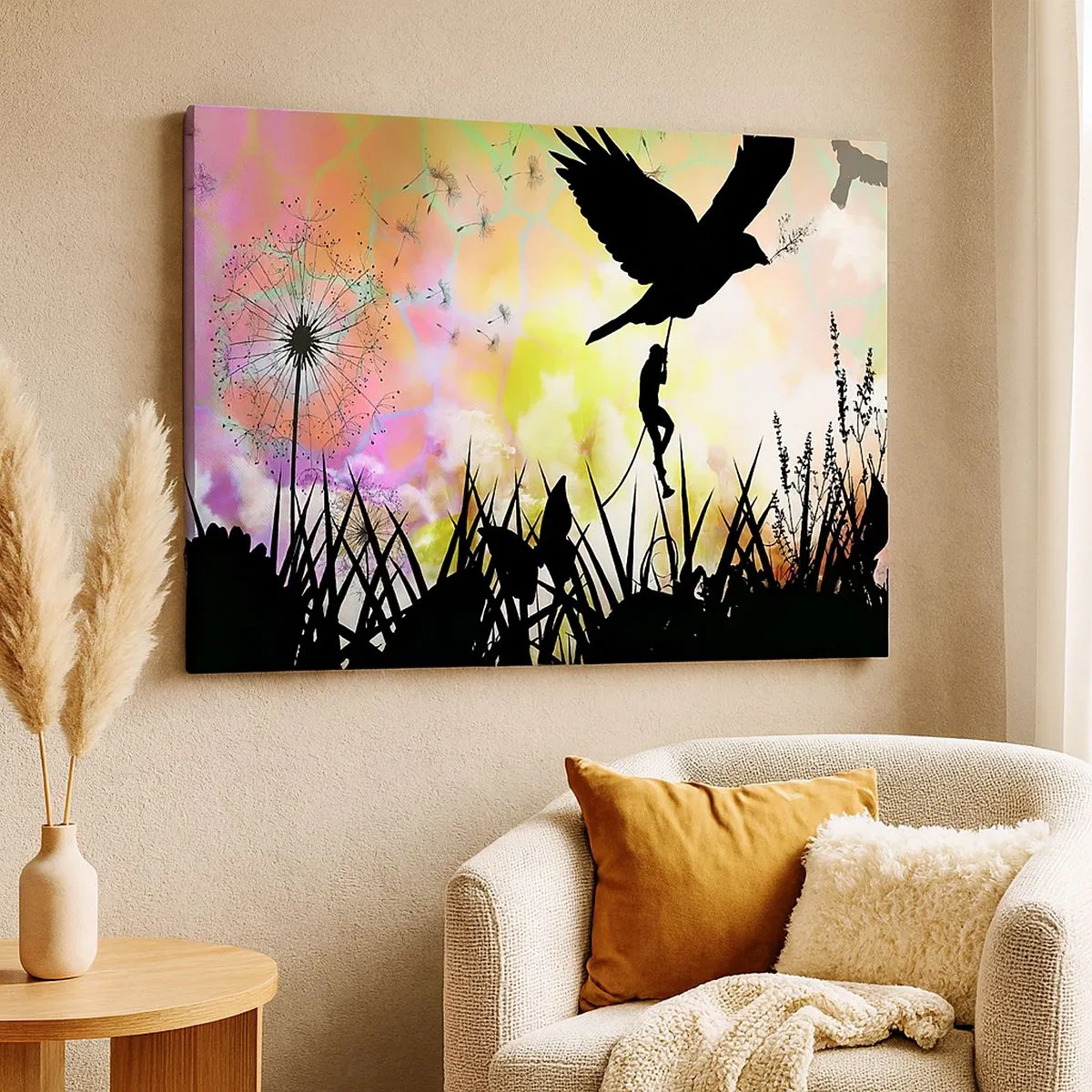 Cuadro sobre lienzo - Impresión de Imagen - Silueta de naturaleza con un pájaro y un diente de león. - 70x50cm - En un ambiente de cuento de hadas - Decoración de pared moderna para salón y dormitorio ARTTOR