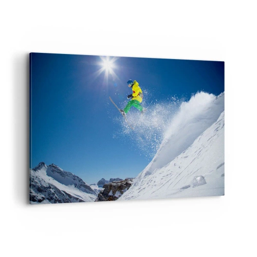 Cuadro sobre lienzo - Impresión de Imagen - Esquiador en el aire con montañas al fondo - 120x80cm - Bailando con las montañas - Decoración de pared moderna para salón y dormitorio ARTTOR