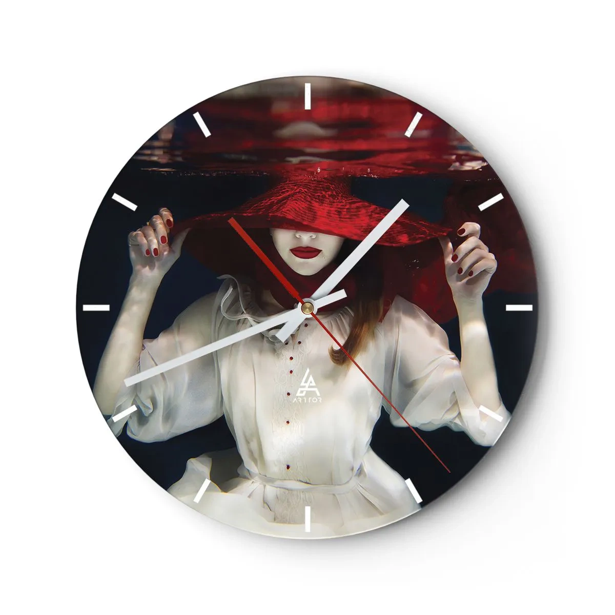 Reloj de pared - Reloj de vidrio - Blanco y rojo - 40x40 cm