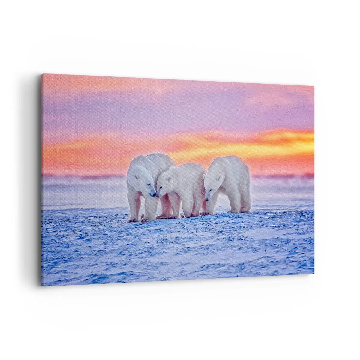 Cuadro sobre lienzo - Impresión de Imagen - Tres osos polares con el telón de fondo de una puesta de sol ártica. - 120x80cm - Todo lo que necesitas es el calor de la familia - Decoración de pared moderna para salón y dormitorio ARTTOR