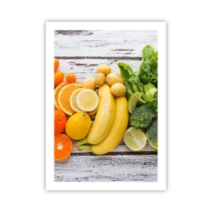 Póster - Frutas y verduras sobre un fondo rústico. - 50x70cm - ¿No es suficiente? - Decoración de pared moderna para salón y dormitorio ARTTOR