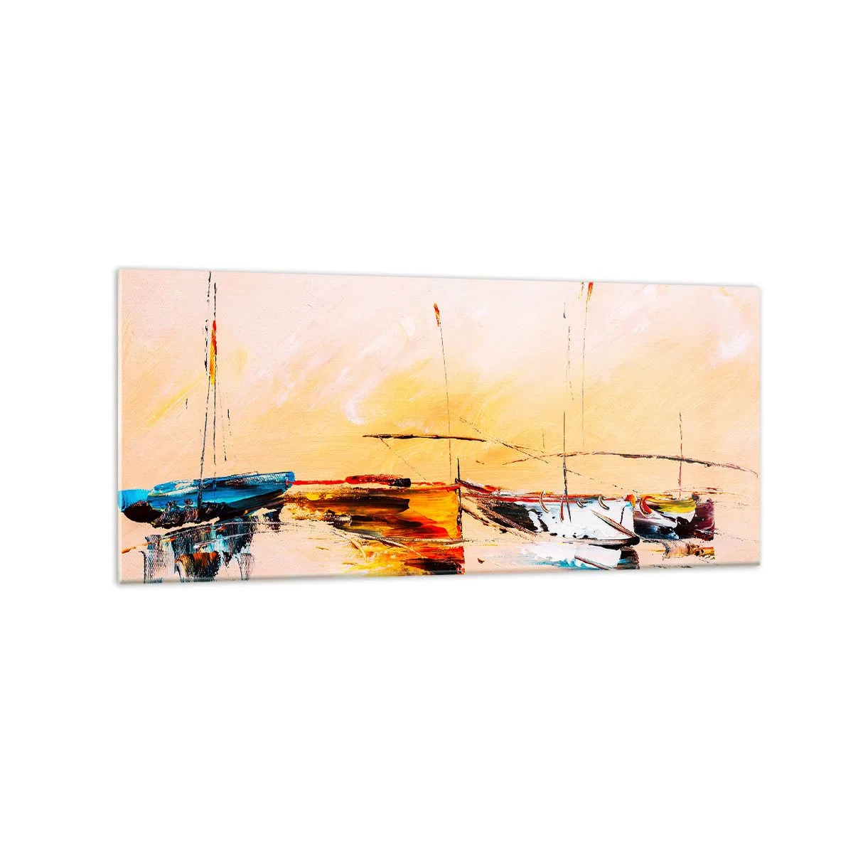 Cuadro sobre vidrio - Impresiones sobre Vidrio - Barcos coloridos en aguas tranquilas al atardecer - 120x50cm - Atardecer en el puerto deportivo - Decoración de pared moderna para salón y dormitorio ARTTOR