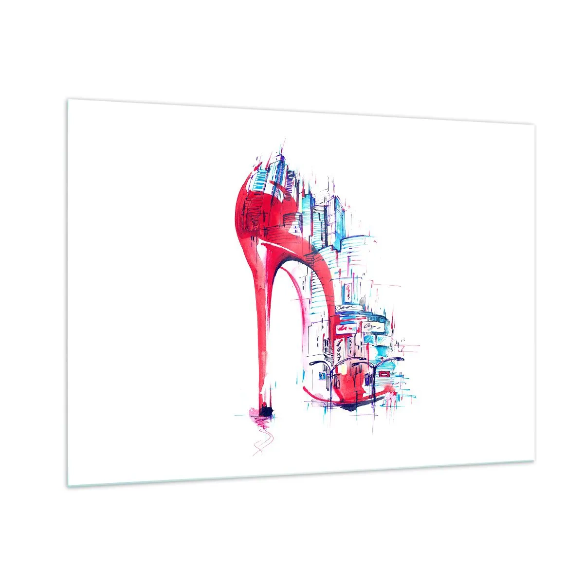 Cuadro sobre vidrio - Impresiones sobre Vidrio - Stiletto rojo con motivo de arquitectura urbana - 100x70cm - Elegancia metropolitana - Decoración de pared moderna para salón y dormitorio ARTTOR