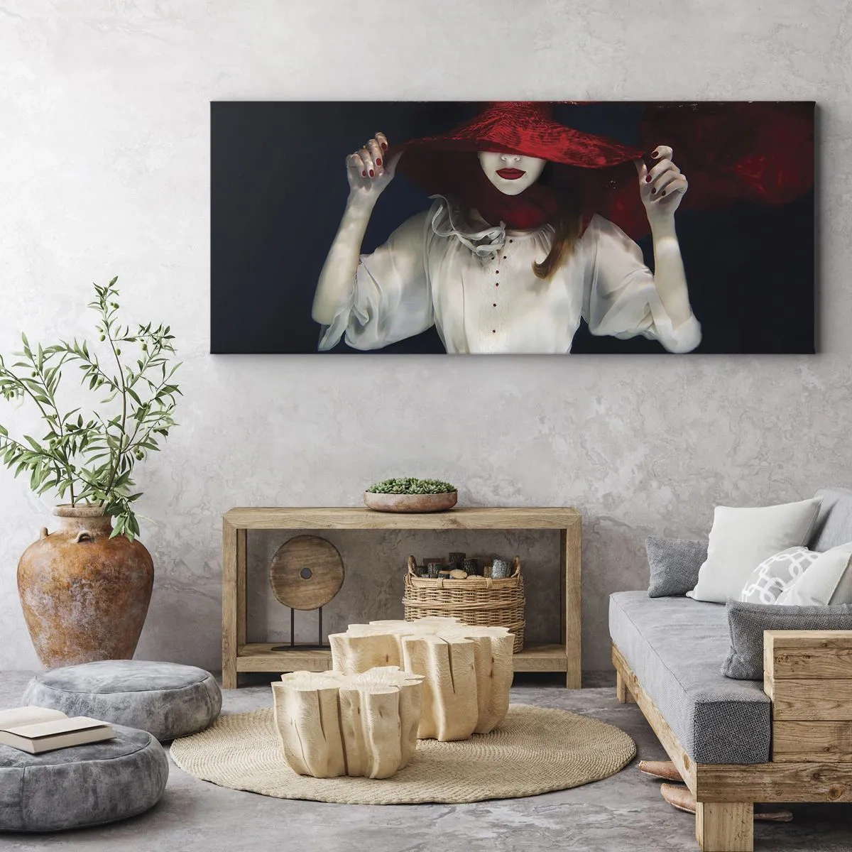 Cuadro sobre lienzo - Impresión de Imagen - Una mujer con un sombrero rojo sumergida en el agua. - 160x50cm - Blanco y rojo - Decoración de pared moderna para salón y dormitorio ARTTOR