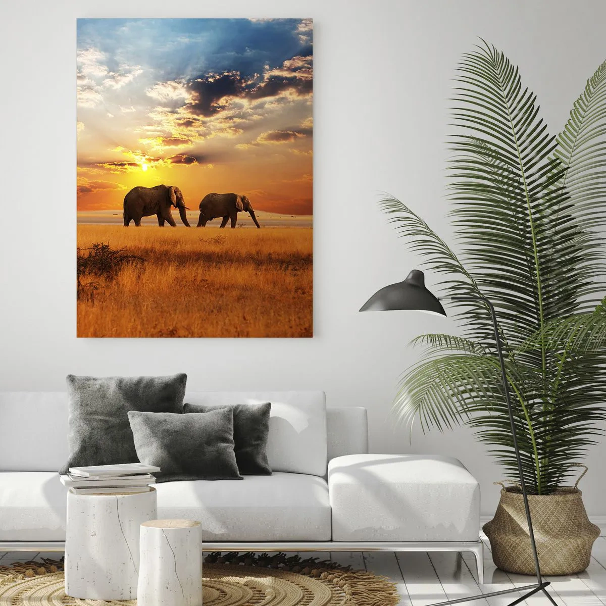 Cuadro sobre vidrio - Impresiones sobre Vidrio - Elefantes en la sabana africana al atardecer - 50x70cm - Un paseo en familia - Decoración de pared moderna para salón y dormitorio ARTTOR