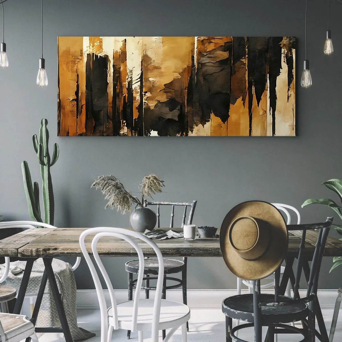 Cuadro sobre lienzo - Impresión de Imagen - Rayas abstractas doradas y negras en una composición artística - 140x50cm - Armonía de negro y oro - Decoración de pared moderna para salón y dormitorio ARTTOR