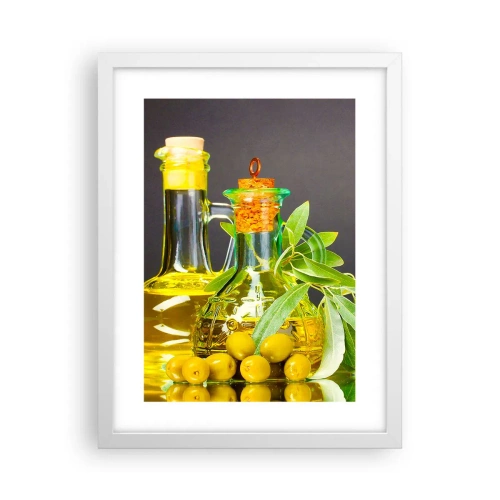 Póster en marco blanco - Bodegón con aceitunas y aceite - 30x40 cm