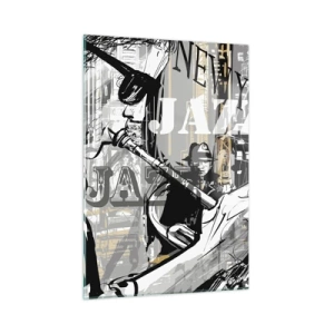 Cuadro sobre vidrio - Impresiones sobre Vidrio - Un elegante dibujo de un músico de jazz tocando la trompeta en un entorno de Nueva York. - 50x70cm - Al ritmo de Nueva York - Decoración de pared moderna para salón y dormitorio ARTTOR