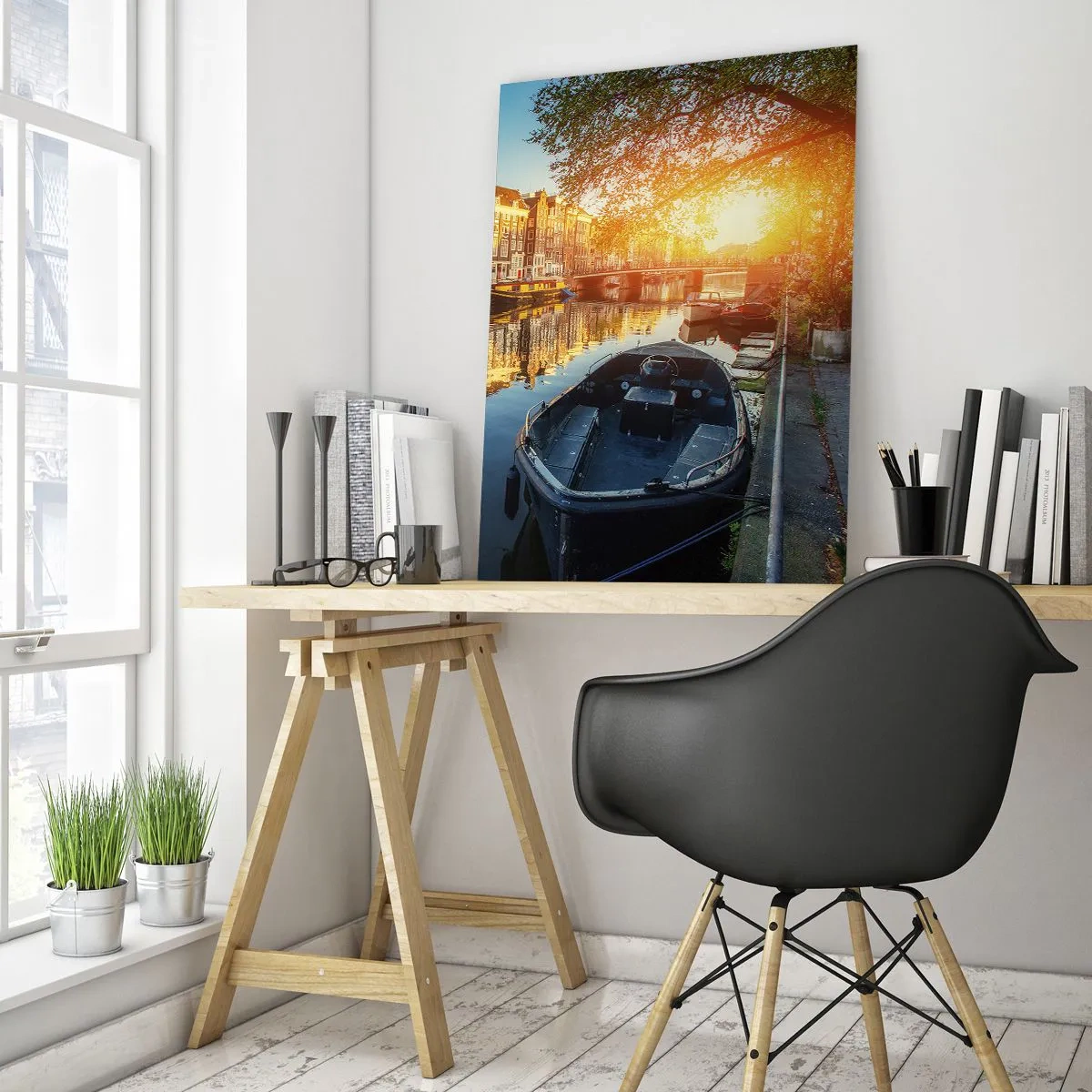 Cuadro sobre vidrio - Impresiones sobre Vidrio - Canal de Ámsterdam al atardecer - 50x70cm - Mañana en Ámsterdam - Decoración de pared moderna para salón y dormitorio ARTTOR