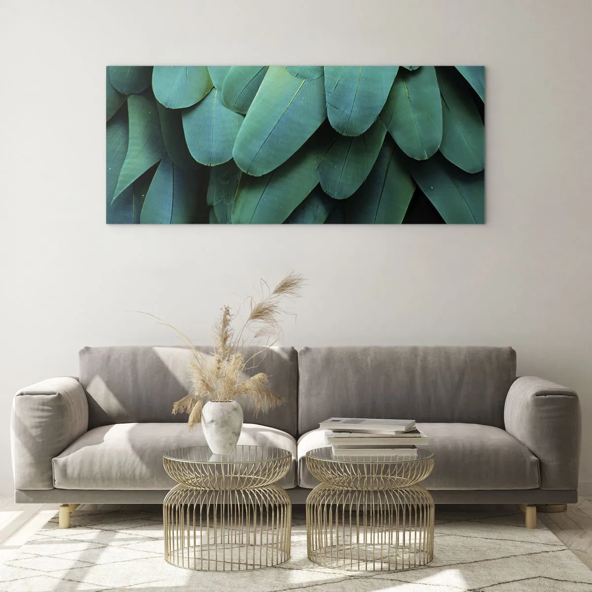 Cuadro sobre vidrio - Impresiones sobre Vidrio - Detalle de plumas en tonos verdes. - 160x50cm - La precisión de la naturaleza  - Decoración de pared moderna para salón y dormitorio ARTTOR