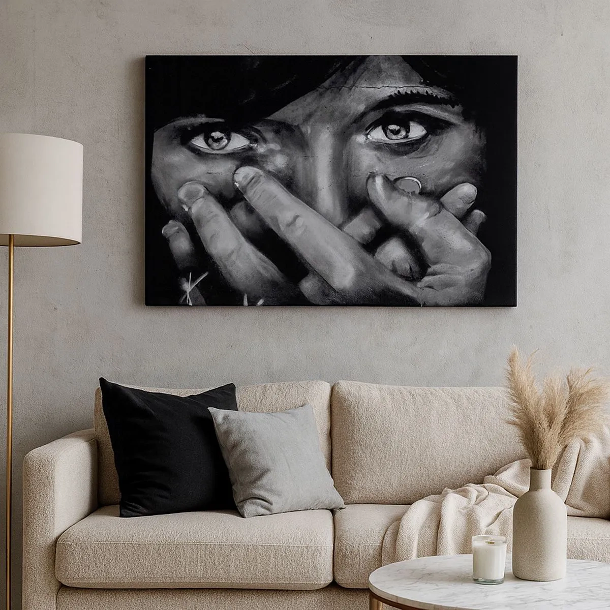 Cuadro sobre lienzo - Impresión de Imagen - Retrato en blanco y negro de una mujer cubriéndose la cara con las manos. - 70x50cm - No diré quién lo pintó - Decoración de pared moderna para salón y dormitorio ARTTOR