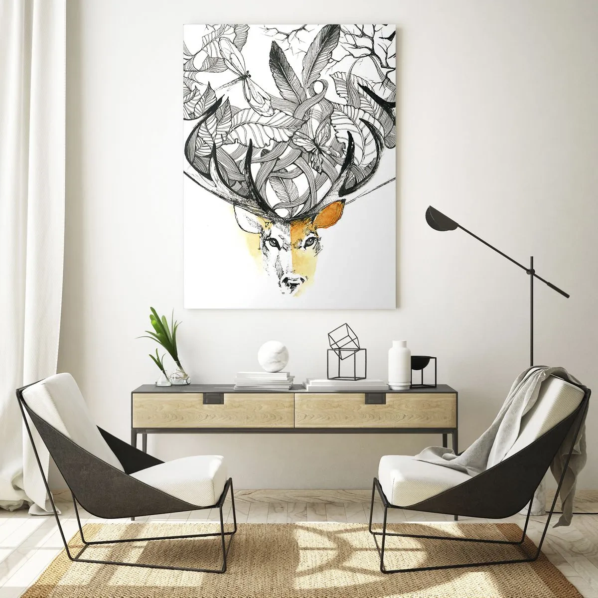Cuadro sobre vidrio - Impresiones sobre Vidrio - Dibujo de un ciervo con astas elegantes - 50x70cm - Cuernos de la abundancia - Decoración de pared moderna para salón y dormitorio ARTTOR