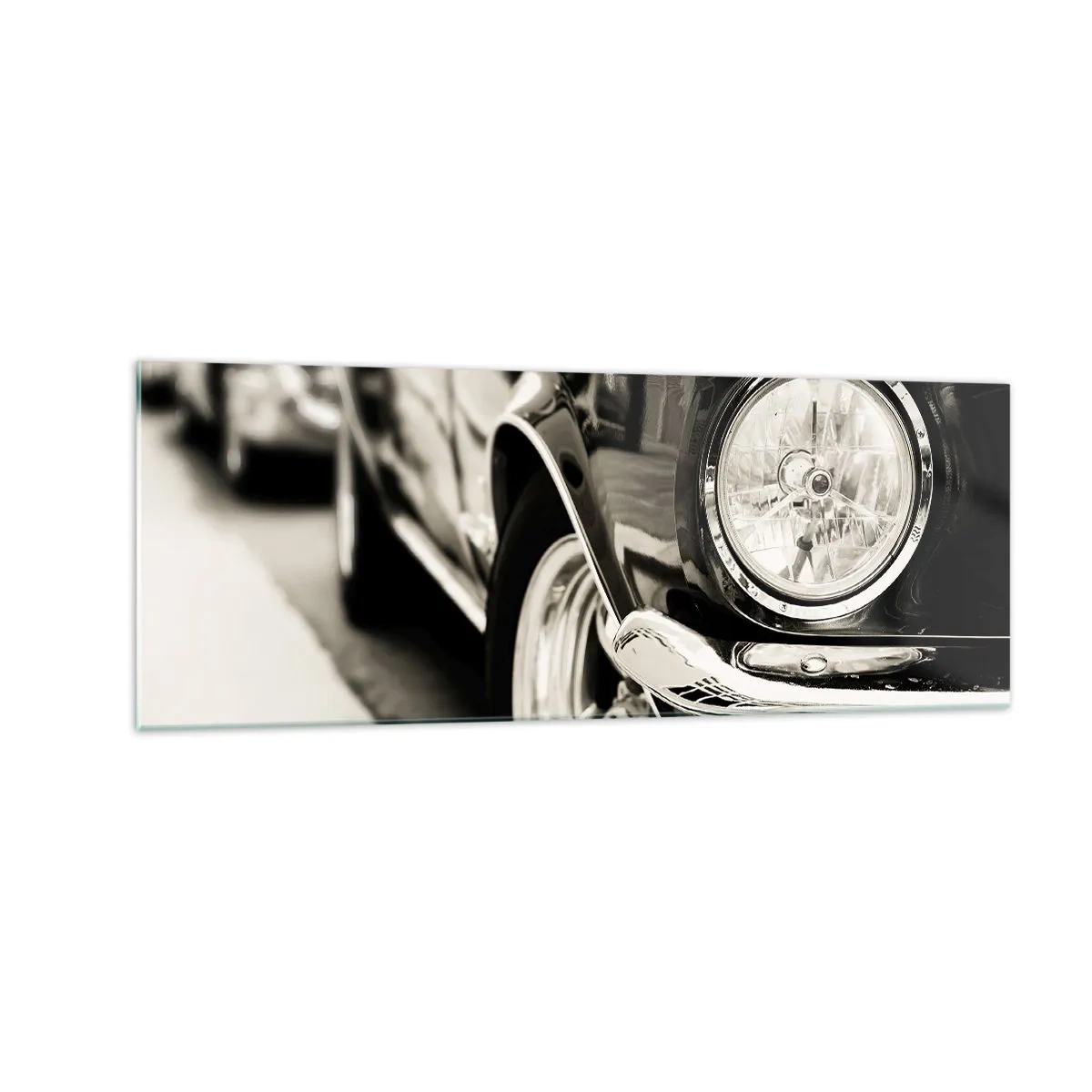 Cuadro sobre vidrio - Impresiones sobre Vidrio - Un coche clásico icónico en elegante blanco y negro. - 140x50cm - Brillo perdurable - Decoración de pared moderna para salón y dormitorio ARTTOR