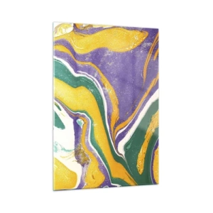 Cuadro sobre vidrio - Impresiones sobre Vidrio - Patrón de ondas abstracto en amarillo, morado y verde. - 50x70cm - Olas de color - Decoración de pared moderna para salón y dormitorio ARTTOR