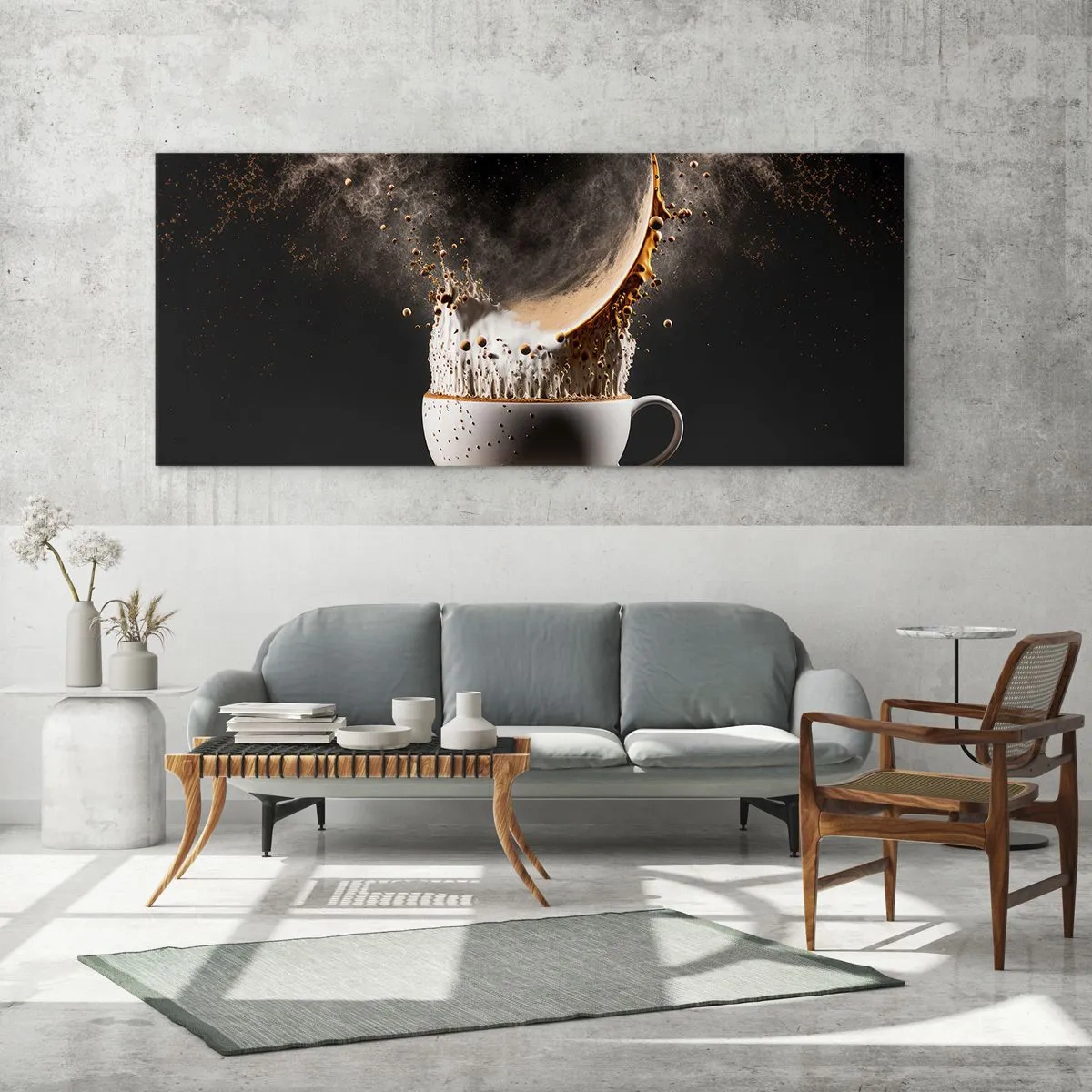 Cuadro sobre vidrio - Impresiones sobre Vidrio - Una taza de café con una explosión dinámica de líquido sobre un fondo negro. - 160x50cm - Una explosión de sabor - Decoración de pared moderna para salón y dormitorio ARTTOR