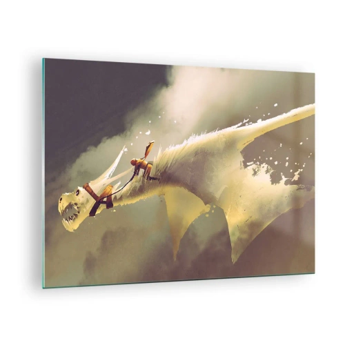 Cuadro sobre vidrio - Impresiones sobre Vidrio - Una figura en la espalda de un dragón blanco en un paisaje brumoso. - 70x50cm - Al rescate - Decoración de pared moderna para salón y dormitorio ARTTOR