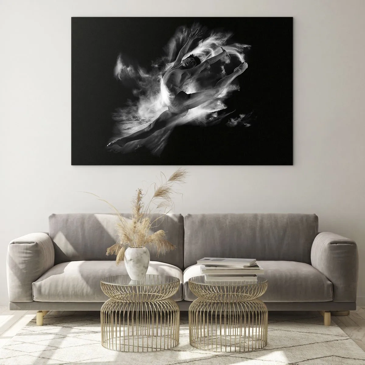Cuadro sobre vidrio - Impresiones sobre Vidrio - Silueta en blanco y negro de una bailarina en movimiento dinámico. - 100x70cm - El arte del vuelo - Decoración de pared moderna para salón y dormitorio ARTTOR