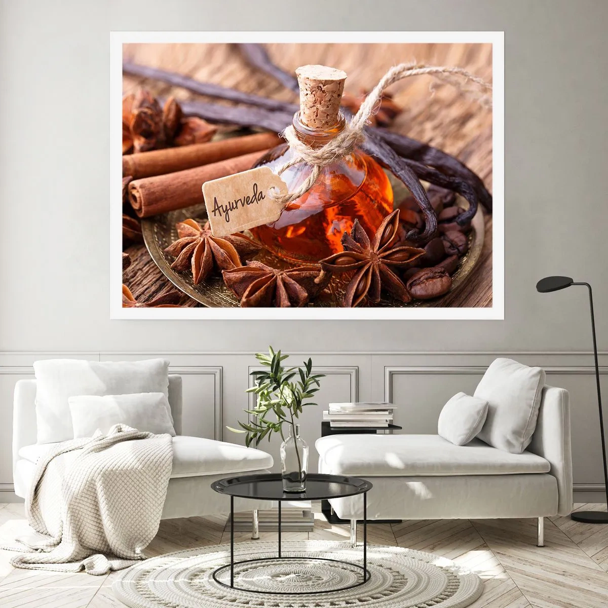 Póster - Una botella de aceite de especias en una bandeja. - 100x70cm - Hacia la unidad del cuerpo y el espíritu - Decoración de pared moderna para salón y dormitorio ARTTOR