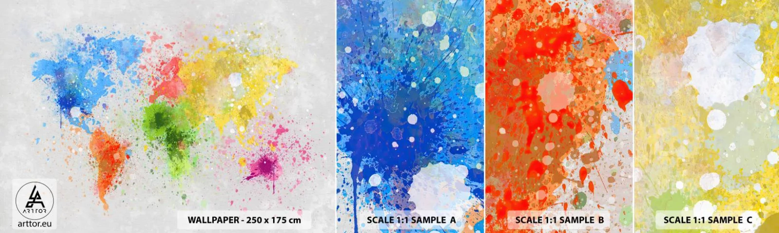 Muestra de fotomural autoadhesivo Deluxe Sticker - Todos los colores del mundo - Mapa del mundo, Continentes, Viajes - 100x30 cm