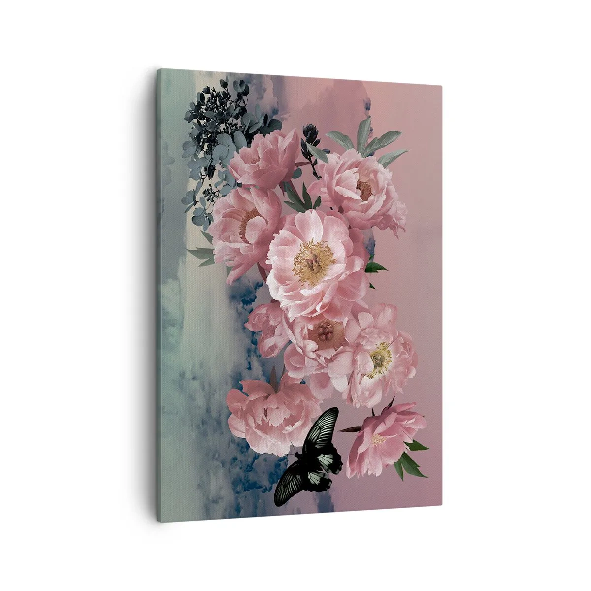 Cuadro sobre lienzo - Impresión de Imagen - Peonías rosas con una mariposa sobre un fondo pastel. - 50x70cm - La cúspide del romance - Decoración de pared moderna para salón y dormitorio ARTTOR