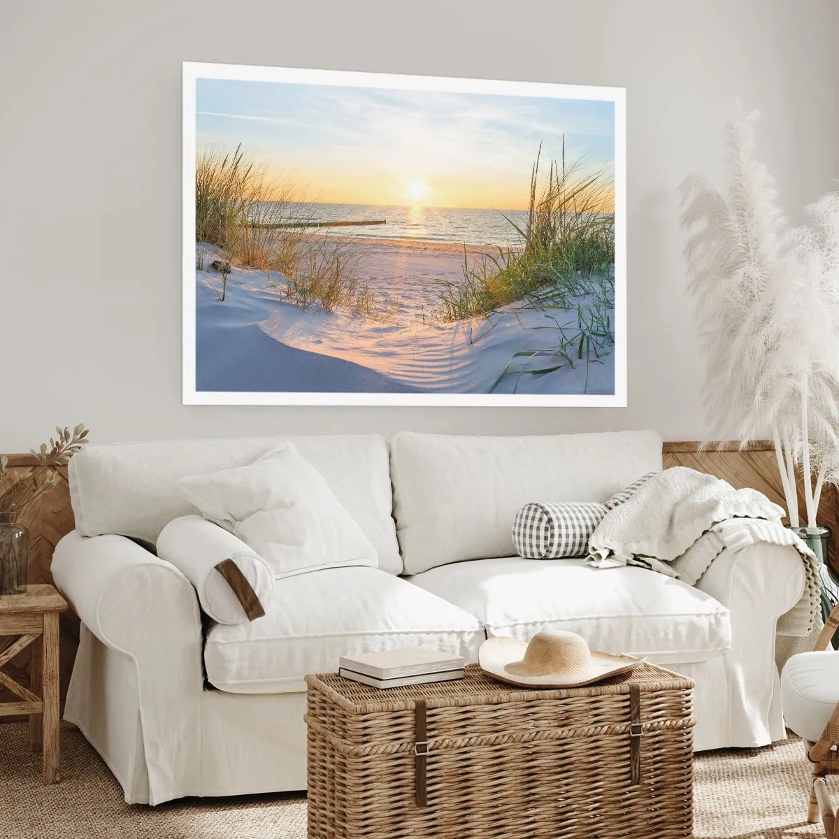 Póster - Una playa de arena con vistas a la puesta de sol sobre el mar. - 100x70cm - El sonido del mar, el canto de los pájaros, una playa virgen entre las dunas... - Decoración de pared moderna para salón y dormitorio ARTTOR