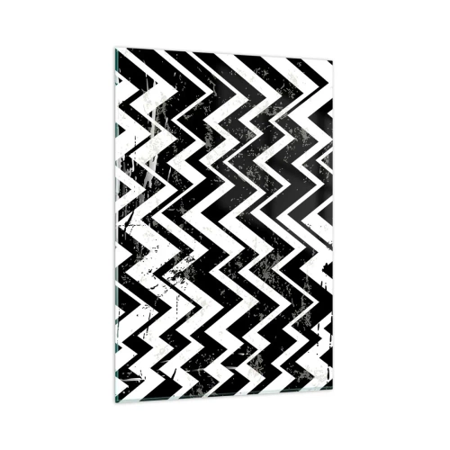 Cuadro sobre vidrio - Impresiones sobre Vidrio - Patrón en zigzag en blanco y negro con abrasiones artísticas - 80x120cm - Zig-blanco, zag-negro - Decoración de pared moderna para salón y dormitorio ARTTOR