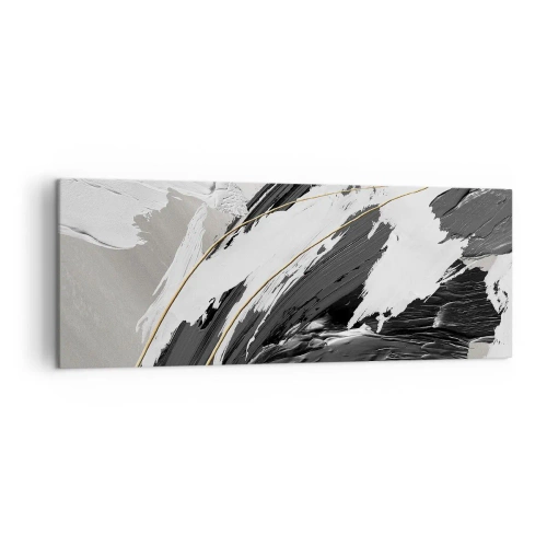 Cuadro sobre lienzo - Impresión de Imagen - Trazos de pintura en blanco y negro con un sutil acento dorado. - 140x50cm - Abstracción con estilo - Decoración de pared moderna para salón y dormitorio ARTTOR