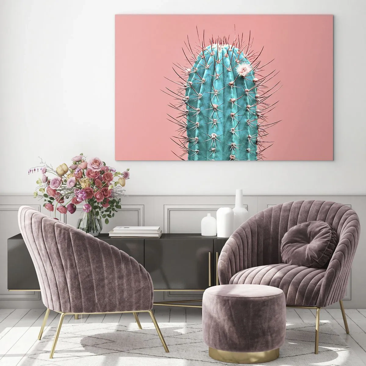 Cuadro sobre vidrio - Impresiones sobre Vidrio - Cactus verde con espinas sobre un fondo rosa - 70x50cm - Se mira, pero no se toca - Decoración de pared moderna para salón y dormitorio ARTTOR