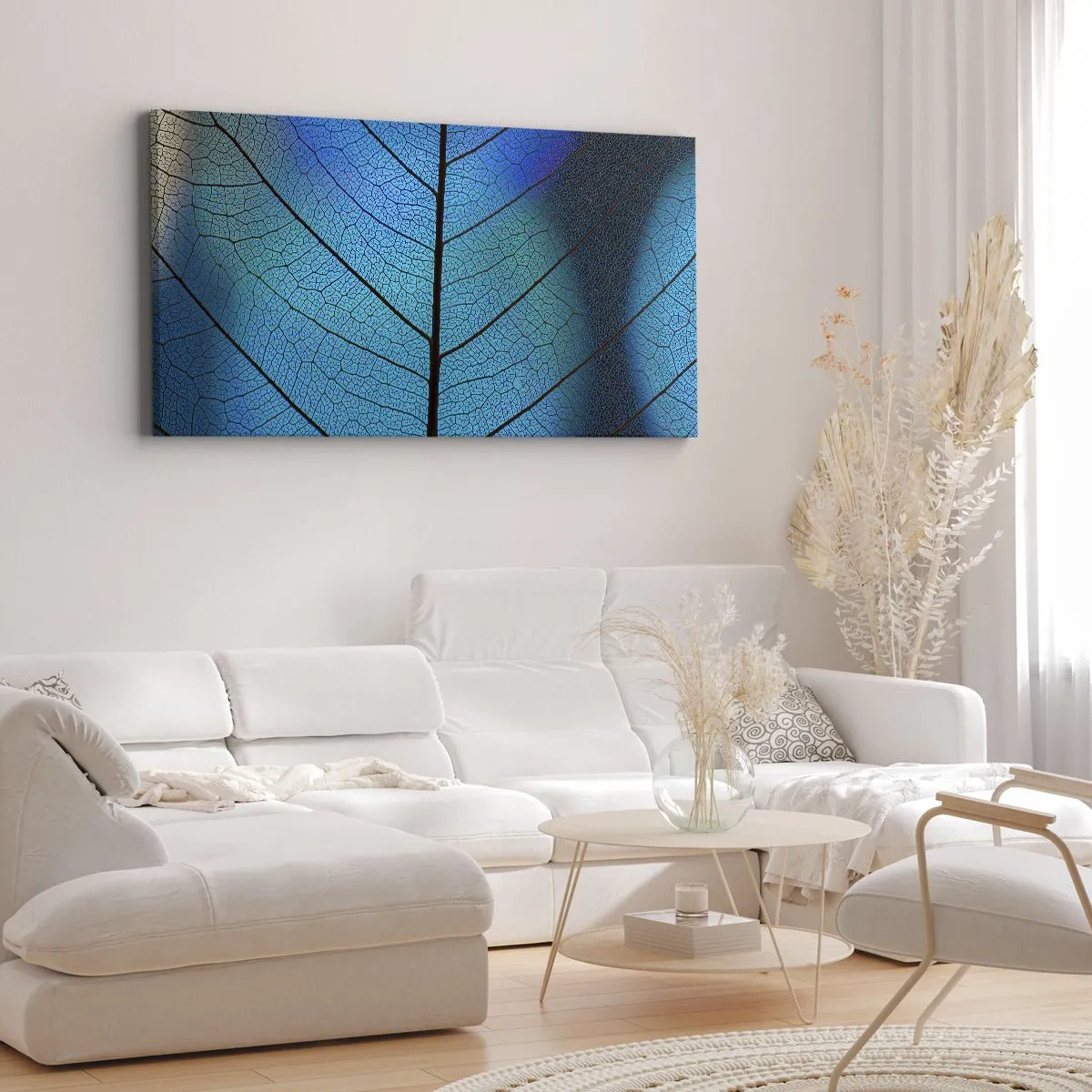 Cuadro sobre lienzo - Impresión de Imagen - Primer plano de una hoja azul con detalle de vena visible - 160x50cm - Construcción intrincada - Decoración de pared moderna para salón y dormitorio ARTTOR