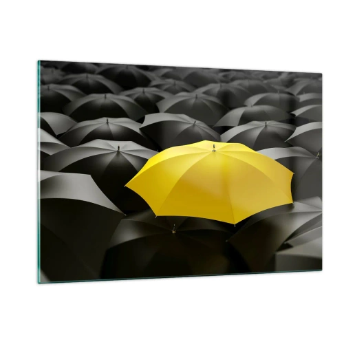 Cuadro sobre vidrio - Impresiones sobre Vidrio - Un paraguas amarillo que destaca entre los negros. - 120x80cm - Adiós a la tristeza - Decoración de pared moderna para salón y dormitorio ARTTOR