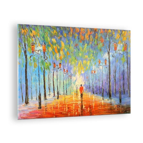 Cuadro sobre vidrio - Impresiones sobre Vidrio - Un parque colorido con un callejón y faroles de estilo pictórico. - 70x50cm - La canción nocturna de la lluvia - Decoración de pared moderna para salón y dormitorio ARTTOR