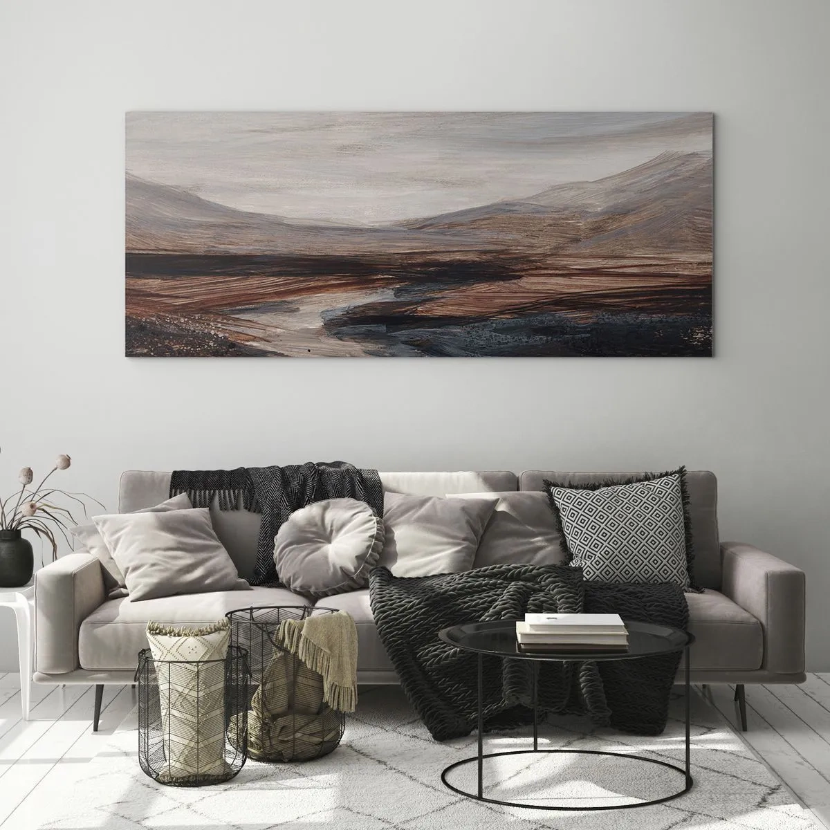 Cuadro sobre vidrio - Impresiones sobre Vidrio - Un paisaje pintoresco con un río y montañas. - 160x50cm - Valle apacible - Decoración de pared moderna para salón y dormitorio ARTTOR