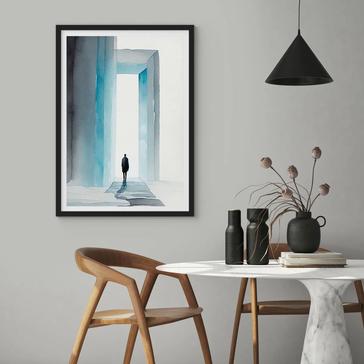 Póster en marco negro - Una figura caminando a través de una puerta azul, simbolizando la libertad y posibilidades ilimitadas. - 50x70cm - Vivir sin límites - Decoración de pared moderna para salón y dormitorio ARTTOR