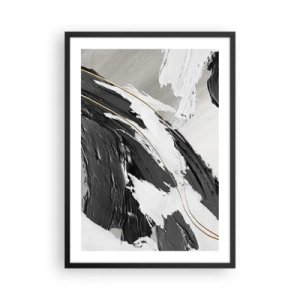 Póster en marco negro - Pinceladas abstractas en blanco, negro y dorado. - 50x70cm - Abstracción con estilo - Decoración de pared moderna para salón y dormitorio ARTTOR