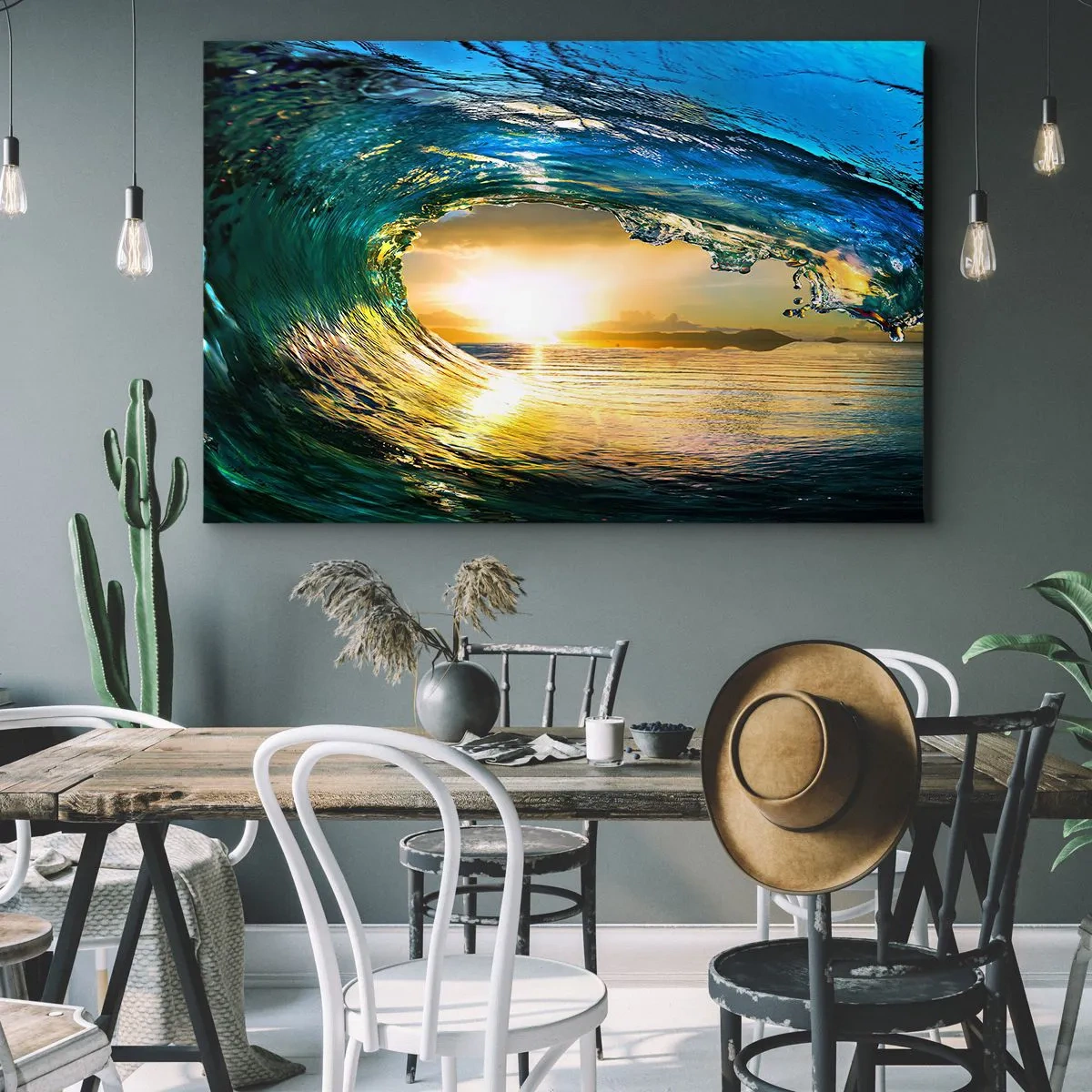 Cuadro sobre lienzo - Impresión de Imagen - Ola del océano bajo el sol con vistas al horizonte. - 120x80cm - Ojo de esperanza - Decoración de pared moderna para salón y dormitorio ARTTOR
