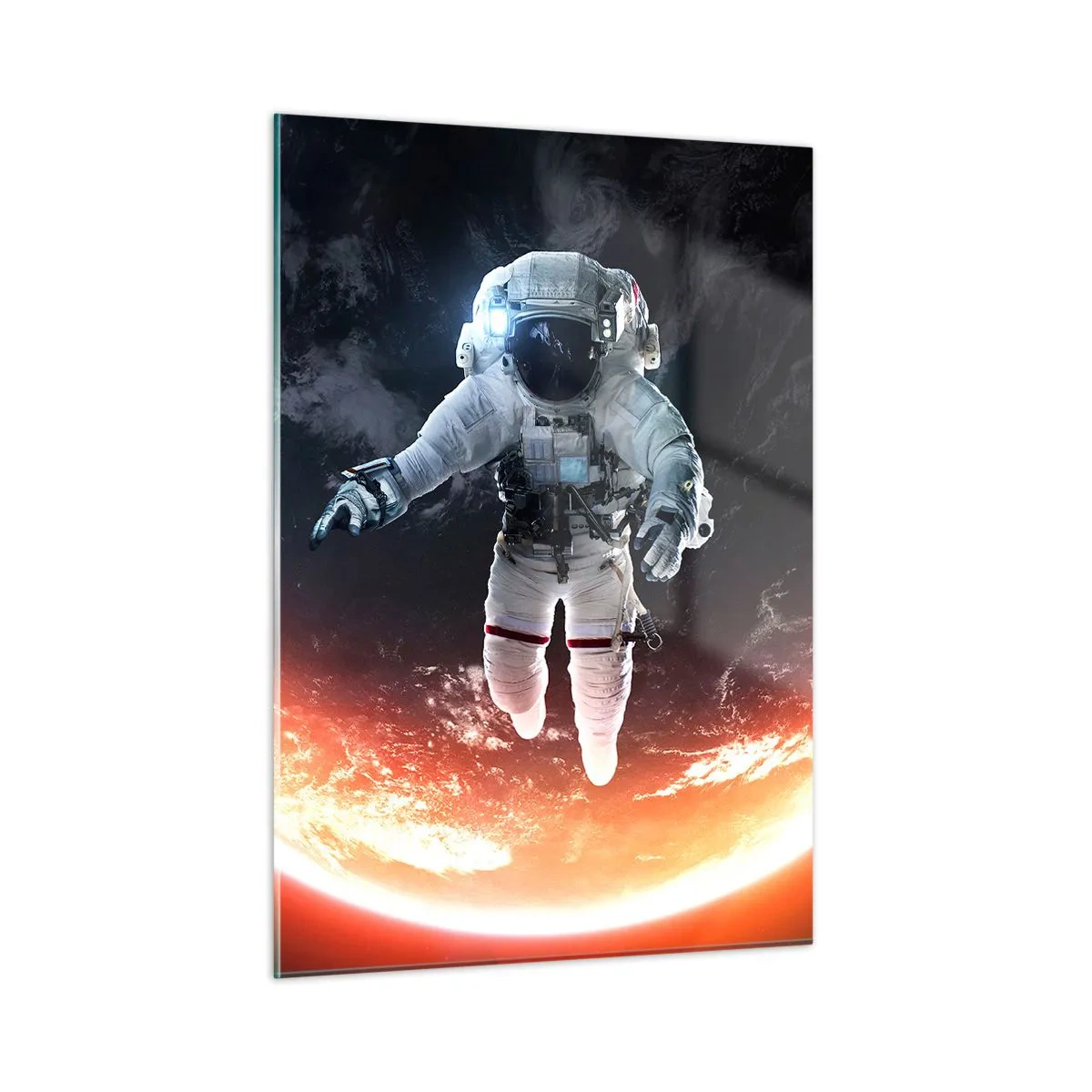 Cuadro sobre vidrio - Impresiones sobre Vidrio - Astronauta en el espacio con un planeta al fondo - 50x70cm - ¿Puedo quedarme un rato más? - Decoración de pared moderna para salón y dormitorio ARTTOR