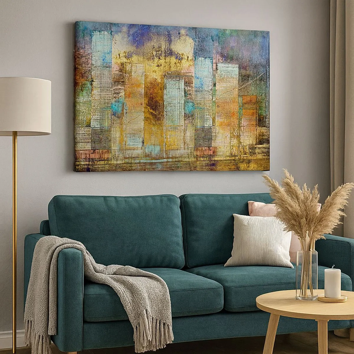 Cuadro sobre lienzo - Impresión de Imagen - Rascacielos abstractos de estilo industrial - 70x50cm - Metrópolis soleada - Decoración de pared moderna para salón y dormitorio ARTTOR