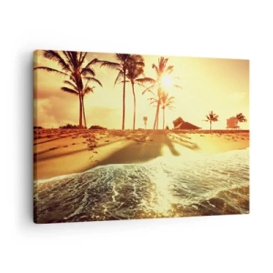 Cuadro sobre lienzo - Impresión de Imagen - Una playa con palmeras iluminada por un cálido atardecer. - 70x50cm - Una tarde californiana - Decoración de pared moderna para salón y dormitorio ARTTOR