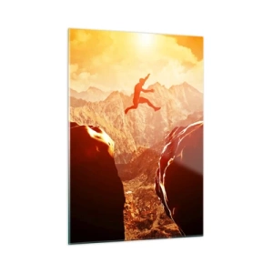Cuadro sobre vidrio - Impresiones sobre Vidrio - Saltando sobre un abismo en un paisaje montañoso al atardecer - 50x70cm - Pasando el límite - Decoración de pared moderna para salón y dormitorio ARTTOR
